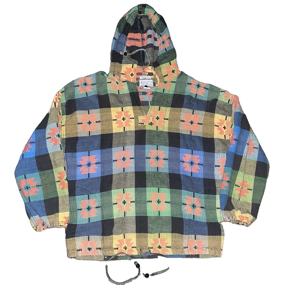 Vintage 90s Angelique Imports Aztec Cotton Woven Hooded Poncho Unisex Large L